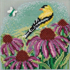 May include: A needlepoint design featuring a yellow and black bird perched on purple coneflowers. A green dragonfly is in the upper left corner. The background is a light green color.