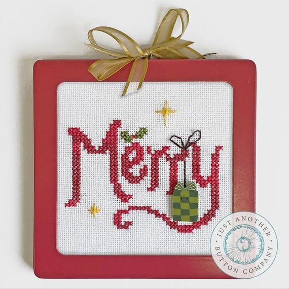 Merry Square Counted Cross Stitch Pattern with Polymer Clay Button from Just Another Button Company