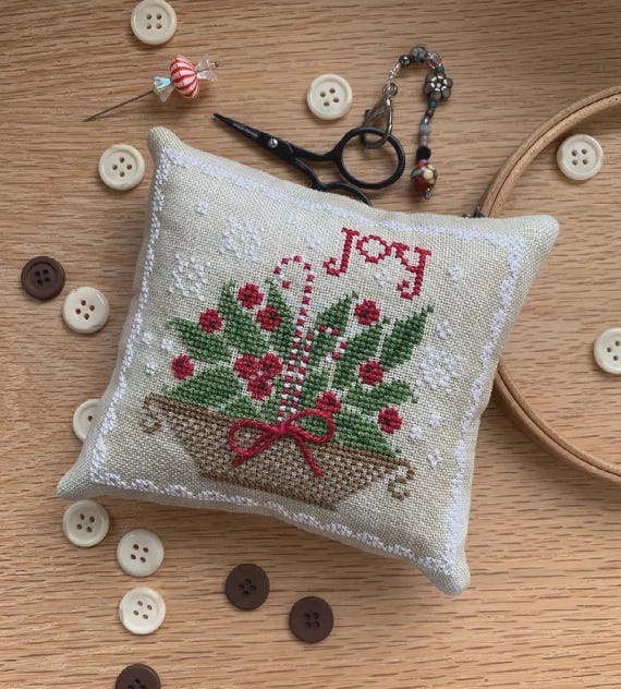 Holly Basket Pinkeep Counted Cross Stitch Pattern by Stitches by Ethel - Printed Pattern