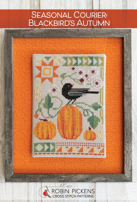 Seasonal Courier:  Blackbird's Autumn Counted Cross Stitch Pattern by Robin Pickens Inc