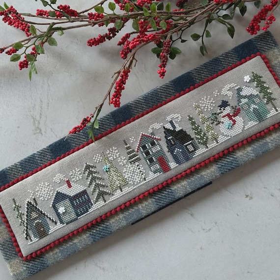 Frosty Tiny Town Counted Cross Stitch Pattern with embellishments by Heart in Hand