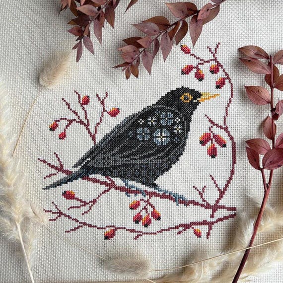 Blackbird At Dawn Counted Cross Stitch Pattern Leaflet by Love Poppet - Printed Pattern