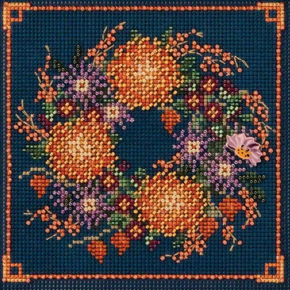 Mill Hill Autumn Series Buttons & Beads Cross Stitch Kit ~ Mum Wreath