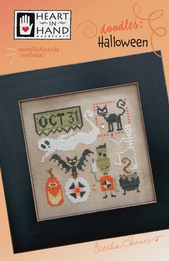Doodles: Halloween Counted Cross Stitch Pattern by Heart in Hand embellishment included - Printed pattern