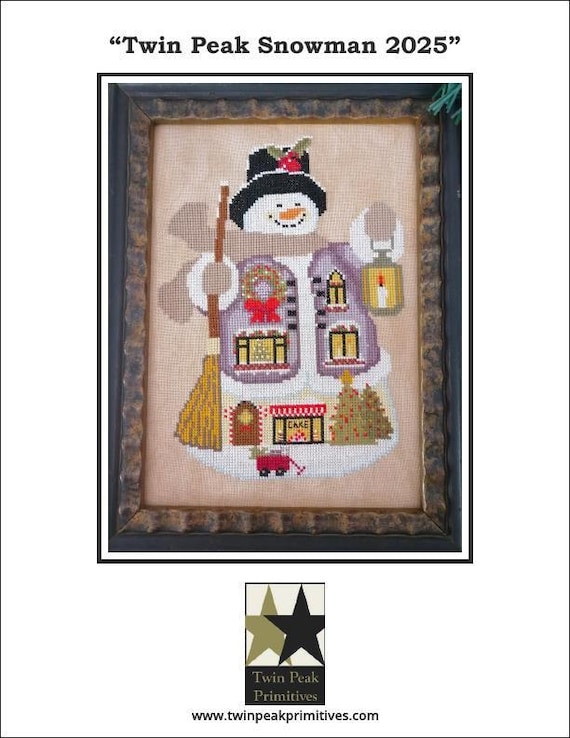 Twin Peak Snowman 2025 Counted Cross Stitch Pattern Leaflet by Twin Peak Primitives