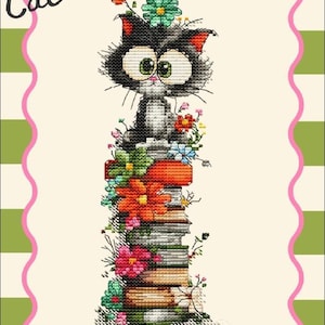 May include: Cross-stitch design featuring a black and white cat perched atop a stack of books adorned with colorful flowers. The text "Cat and Books" is written above the cat in a whimsical font. The design is framed with a pink wavy border.