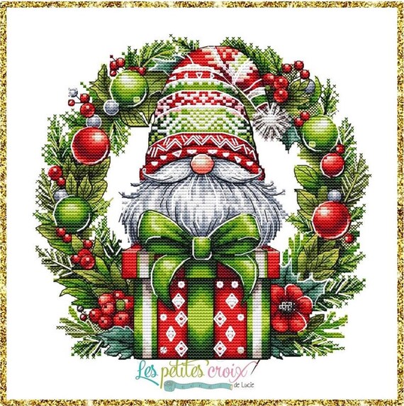 Christmas Gnome Wreath counted cross stitch pattern by Les petites Croix de Lucie