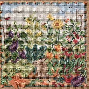 May include: A cross-stitch embroidery of a garden scene with a brown rabbit, green plants, purple eggplants, yellow flowers, and red berries.