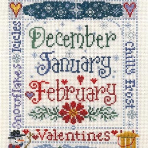 May include: Cross stitch pattern for a winter themed sampler with the months December, January, and February. The design includes snowflakes, hearts, a snowman, a sled, and the words "Winter" and "Valentines".