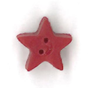 May include: A red star-shaped button with two holes for sewing. The button is a solid, opaque red color and has a slightly rounded shape. This button is suitable for various sewing projects.