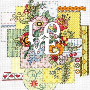 May include: A cross-stitch design featuring the word "LOVE" surrounded by colorful flowers and a patchwork background. The design is in a variety of shades of yellow, red, blue, green, and pink.