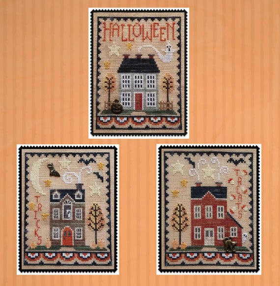 Halloween House Trio Counted Cross Stitch Pattern by Waxing Moon Designs #175 Printed Pattern