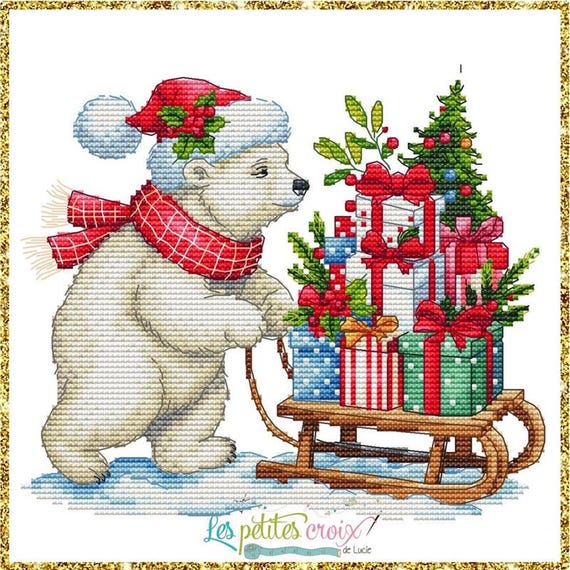 Christmas Bear and Gifts counted cross stitch leaflet by Les petites Croix de Lucie
