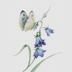 May include: A cross-stitch design featuring a butterfly with cream and pale blue wings perched on a stem of bluebell flowers. The flowers are a deep blue, with green leaves and stems against a white background.