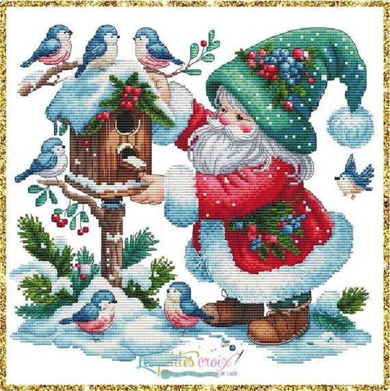 Christmas Father and Birds counted cross stitch leaflet by Les petites Croix de Lucie