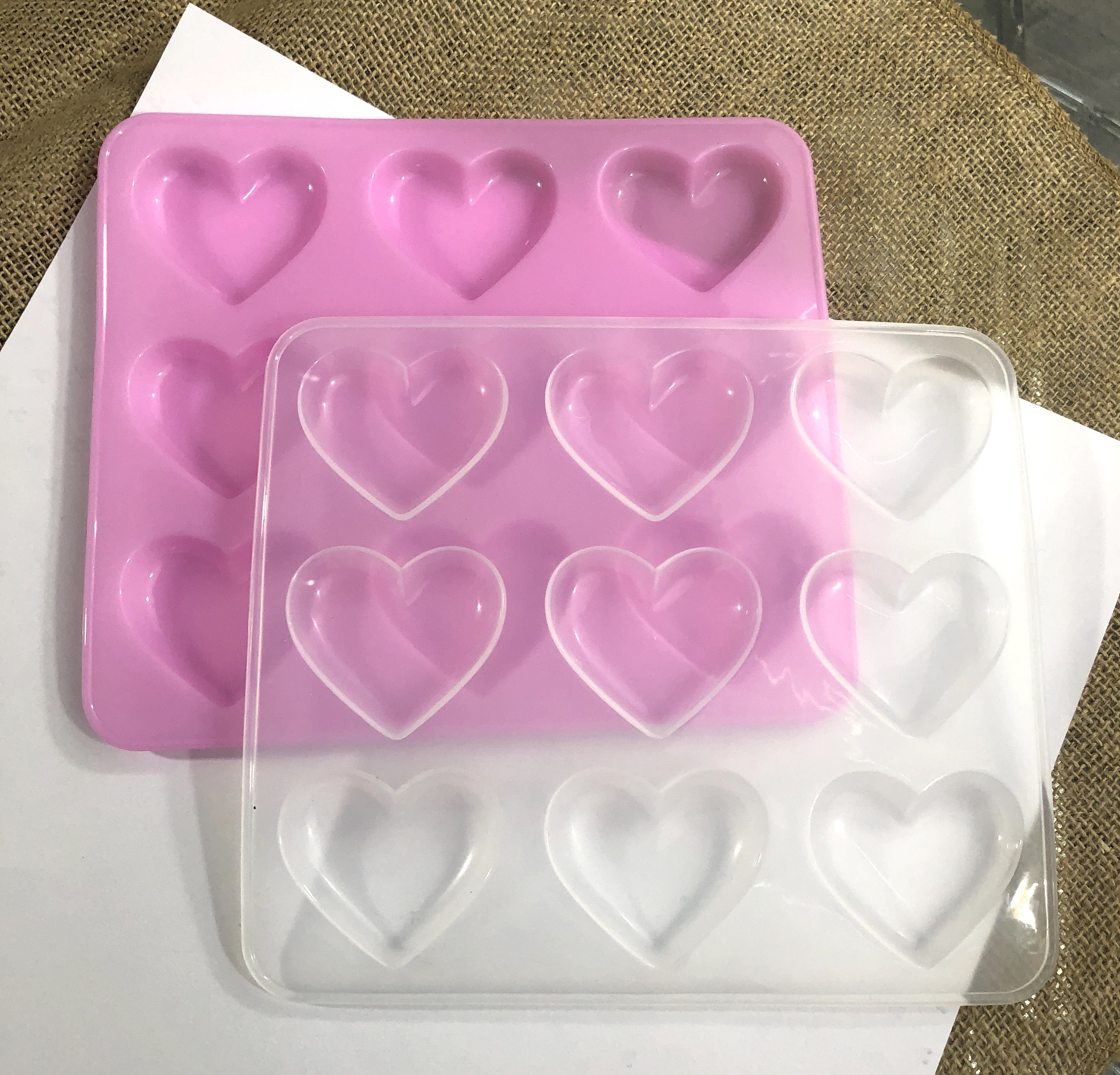 x 9 cavity shiny heart silicone mold clear or newest light pink color!