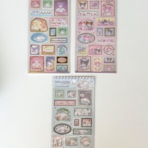May include: Three sticker sheets featuring various Sanrio characters in a postage stamp design. The sheets have a light color palette with characters like My Melody, Kuromi, and Cinnamoroll. The text "kitte style" and character names are visible.
