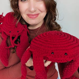 May include: Two handmade crochet plush toys in a deep red colour. One plush is shaped like a crab with a round body and multiple dangling legs, while the other is shaped like a lobster with prominent claws and antennae. Both have small black eyes.