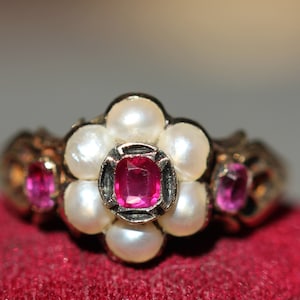 Victorian 15ct pearl and ruby cluster ring