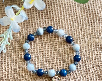 Natural Blue Apatite Opal Beaded Stone Bracelet Grounding Healing Spiritual Protection Balance Calming Bracelet