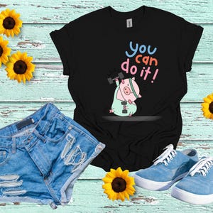 Camiseta motivacional de ejercicio con cerdo, camiseta "You Can Do It", camiseta de fitness, top de cerdo para gimnasio, camiseta unisex de algodón