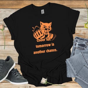 Camiseta unisex con mensaje "Gato motivado", camiseta con cita inspiradora, regalo para amantes de los gatos, ropa con vibras positivas, camiseta "Empezar de cero", camiseta divertida con mensaje "Gato".
