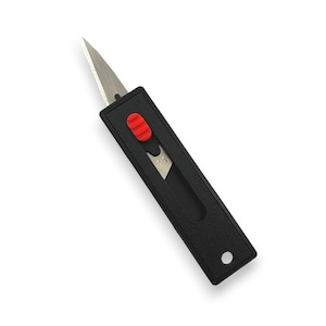 May include: A black utility knife with a silver blade and a red sliding button. The knife has a small hole at the end of the handle. The blade is approximately 1.3 cm long.