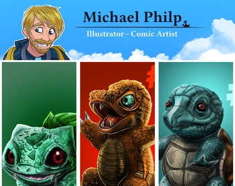 A4 Digital Art Print - Pokemon G1 Starters: Bulbasaur, Charmander & Squirtle