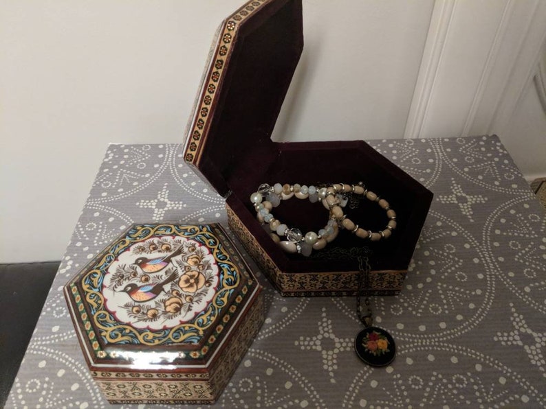 Jewellery Box Wooden fair trade art Khatam Inlaid miniature painting mandala pattern gift box ring bearer velvet inside Boho mandala mozaeic