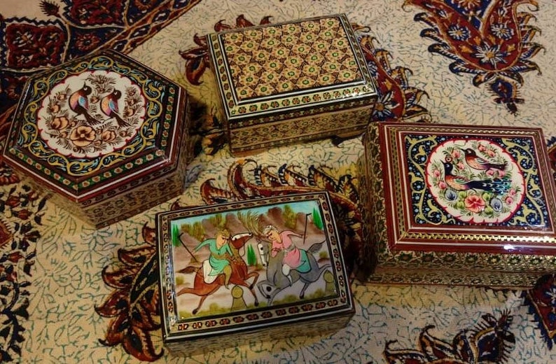 Jewellery Box Wooden fair trade art Khatam Inlaid miniature painting mandala pattern gift box ring bearer velvet inside Boho mandala mozaeic