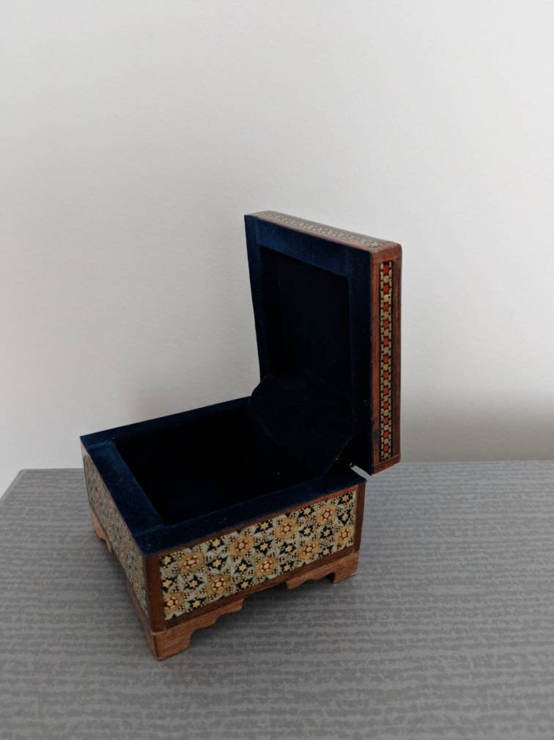 Jewellery Box Wooden fair trade art Khatam Inlaid miniature painting mandala pattern gift box ring bearer velvet inside Boho mandala mozaeic