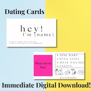 Może przedstawiać: Dwie białe karty randkowe z czarnym tekstem. Jedna mówi "hey! I'm (name)" i "jeśli jesteś singlem, odwróć kartę, jeśli nie, potraktuj to jako komplement". Druga ma różowe pole na zdjęcie i tekst.