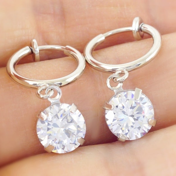 A Pair Non-Pierced Clip On Earrings Sparkling 0.3" (8mm) CZ Cubic Zirconia Comfy  Spring Closure Look Like Pierced Men Women