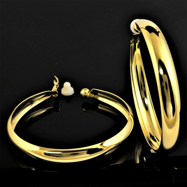 Non-Pierced Clip On Non-piercing 0.35" Wide Polished 2.35" Big Circle Round Hoop Earrings Gold Plated One Pair