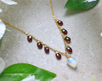 Garnet necklace - Moonstone - Gemstone Necklace - Gem drop Necklace - Gold Necklace - Red Necklace - Natural Stone - Layering Necklace