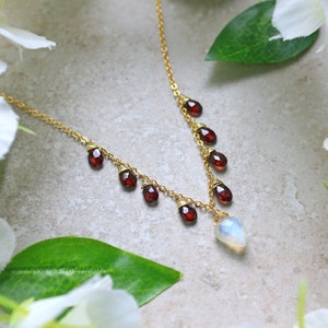 Garnet necklace - Moonstone - Gemstone Necklace - Gem drop Necklace - Gold Necklace - Red Necklace - Natural Stone - Layering Necklace