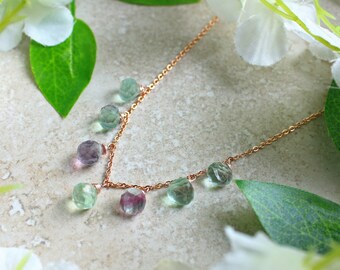 Fluorite necklace - Gemstone Necklace - Gem drop Necklace - Rose Gold Necklace - Green Purple Necklace - Natural Stone - Layering Necklace