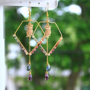 Owl Earrings - Diamond Hoop Earrings - Beaded Hoops - Spinel Earrings - Amethyst - London Blue - Gemstone Earrings - Hoop Earrings