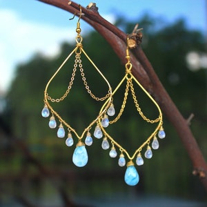 Moonstone Earrings - Goddess Earrings - Larimar Earrings - Chandelier Earrings - Boho Earring - Bohemian - Gemstone Earrings - Rare Gemstone