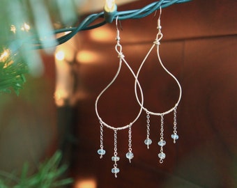 Water Drop Earrings - Chandelier Earrings - Aquamarine Earrings - Nature Inspired Jewelry - Hand shape hoops