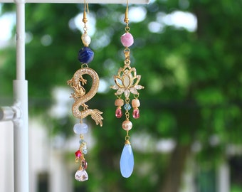 Dragon Earrings - Lotus Earrings - Pink Blue Earrings - Pearl - Asymmetrical Earrings - Mismatched - Gemstone Earrings - Dangle Earrings