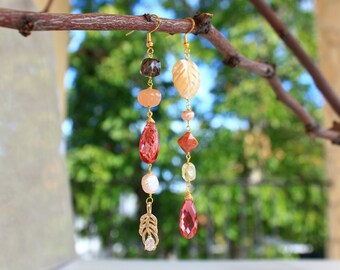 Leaf Feather Pumpkin Earrings - Mismatched Earrings - Asymmetrical Earrings - Mother of pearl - Dangle - Crystal Earrings - Gemstones