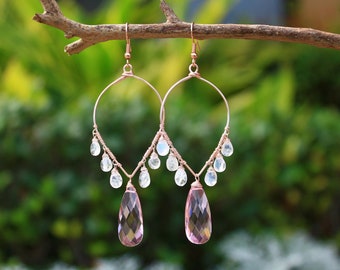 Moonstone Earrings - Morganite Earrings - Boho Earrings - Elegant Earrings -  Hoop Earrings - Gemstone Dangle Earrings - Pink Earrings