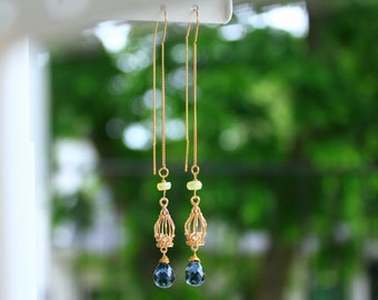 Bird Cage Earrings - Threader Earrings - London Blue quartz - Ethiopian Opal - Dainty Earrings - Dangle Earrings - Gemstone Earrings