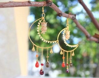 Moon Earrings - Owl Earrings - Autumn Fall Earrings - Chandelier Earrings - Wire Art Earrings - Dangly Earrings - Crescent Moon - Gemstone