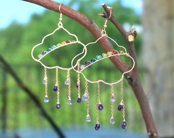 Purple Rain Earrings - Rainbow Cloud Earrings - Chandelier Earrings - Cloud Earrings - Raincloud Earrings - Rainbow Jewelry