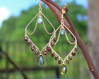 Labradorite Earrings - Garnet Earrings - Goddess Earrings - Chandelier Earrings - Boho Earrings - Bohemian - Gemstone Earrings - Red Flashy