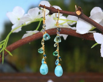 Mixed Gemstone Earrings - Larimar Earrings - Green Blue Earrings - Aquamarine - Dangle Earrings - Crystal Earrings - Gemstone Earrings