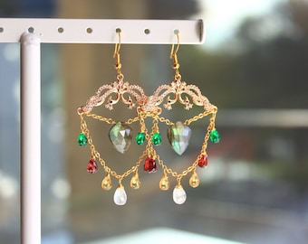 Christmas Lights Earrings - Statement Earrings - Red Green Earrings - Gemstone - Charms - Chandelier Earrings - Crystal Earrings - Holiday