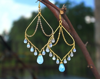 Moonstone Earrings - Goddess Earrings - Larimar Earrings - Chandelier Earrings - Boho Earring - Bohemian - Gemstone Earrings - Rare Gemstone